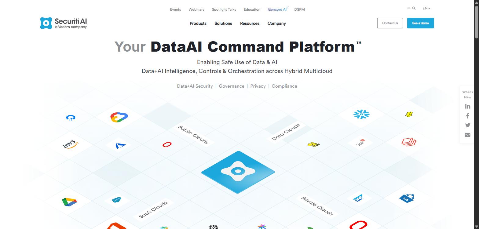Screenshot of Securiti's homepage, showing its 'Your DataAI Command Platform' headline.