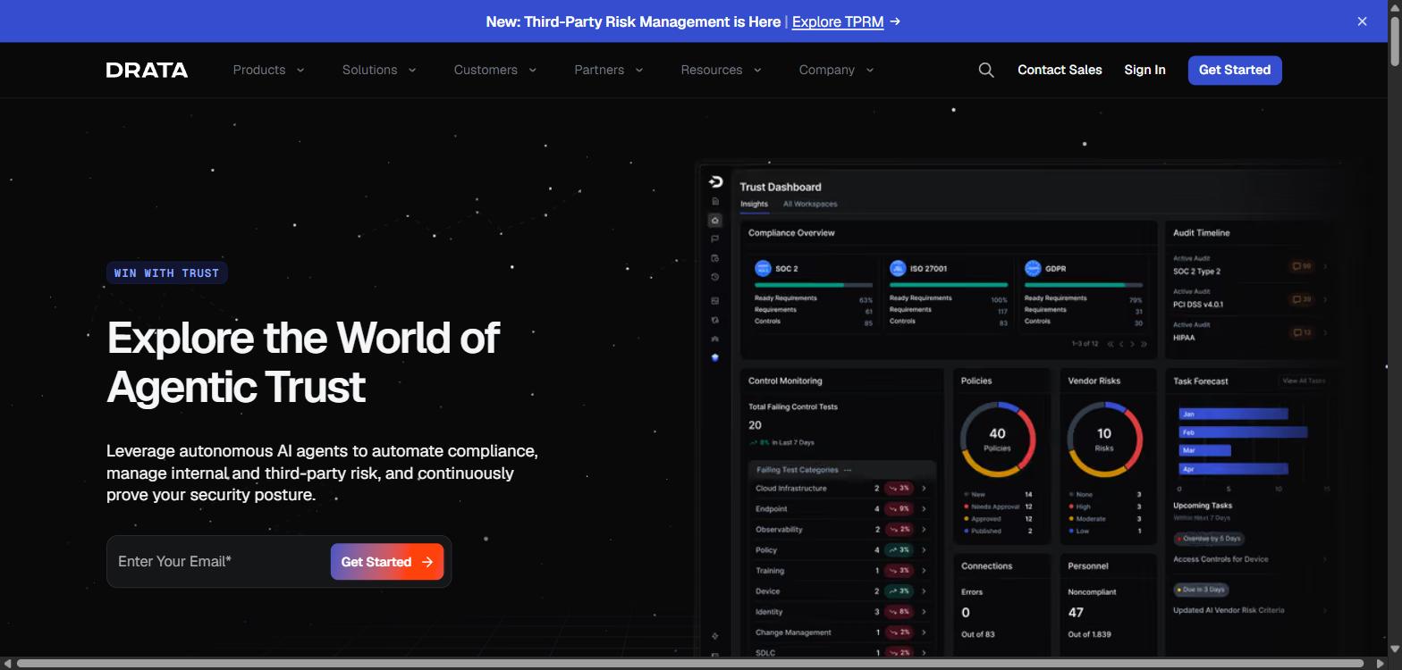 Screenshot of Drata's homepage, showing its 'Explore the World of Agentic Trust' headline.