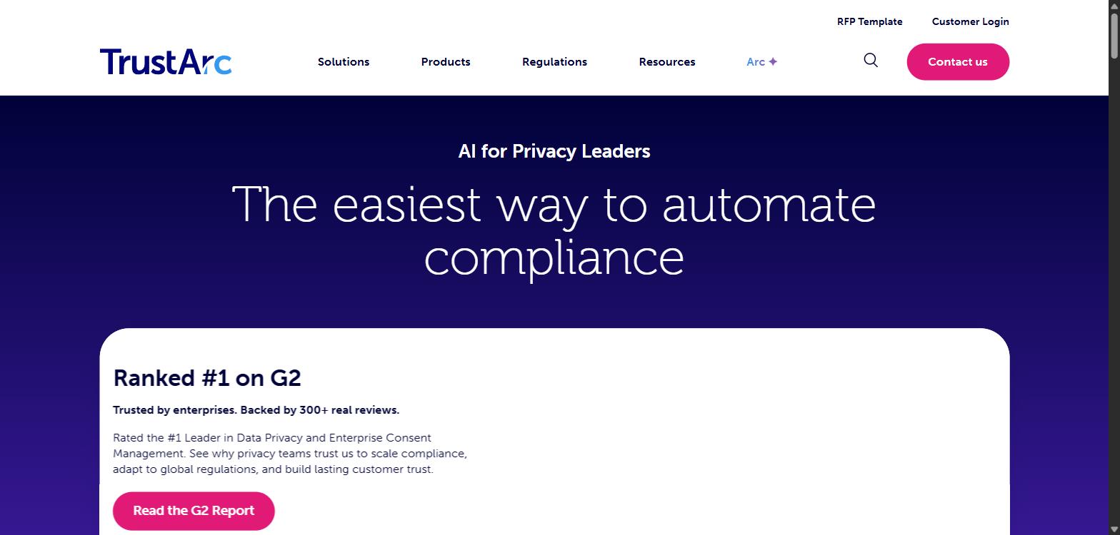 Screenshot of TrustArc's homepage, showing its 'The easiest way to automate compliance' headline.