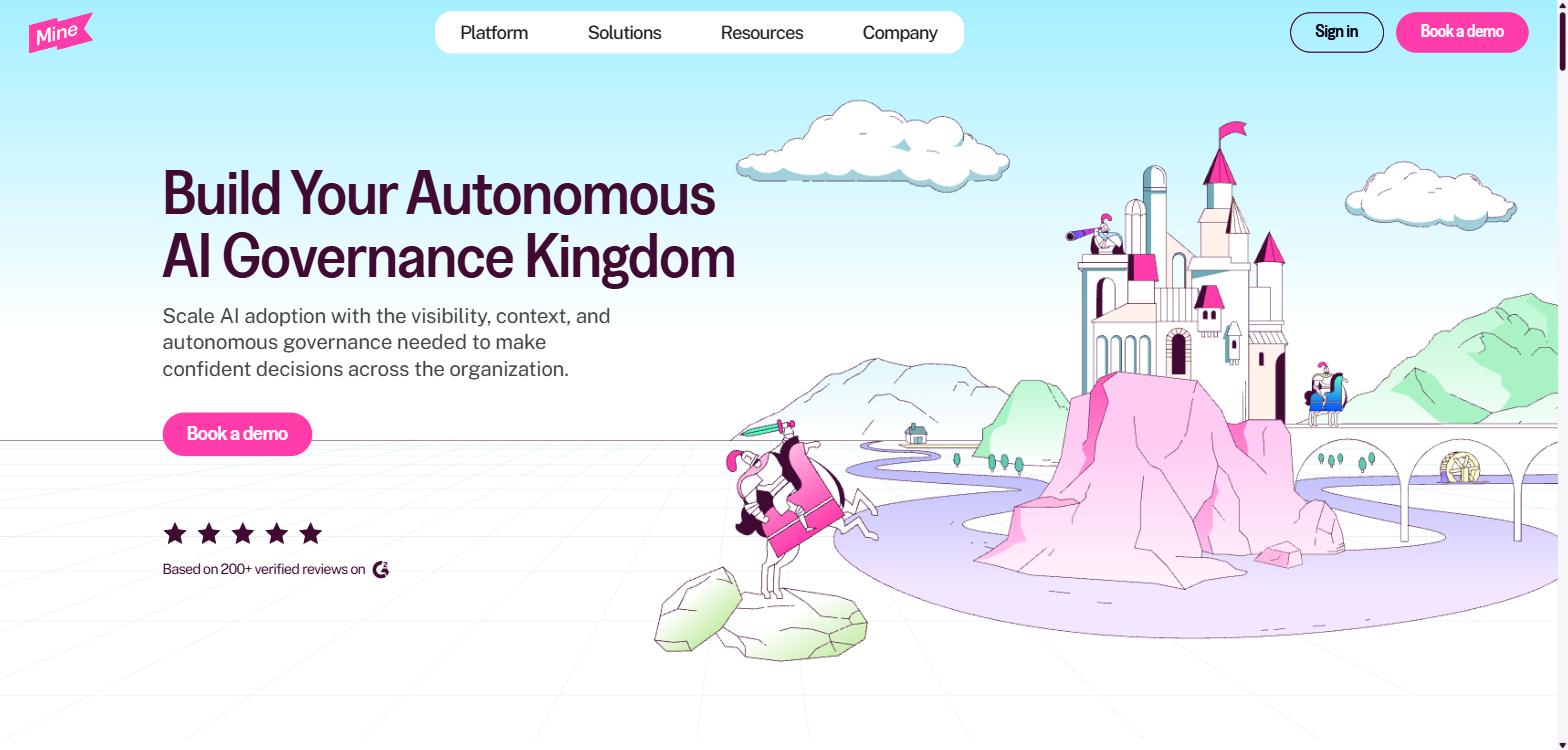 Screenshot of MineOS's homepage, showing its 'Build Your Autonomous AI Governance Kingdom' headline.