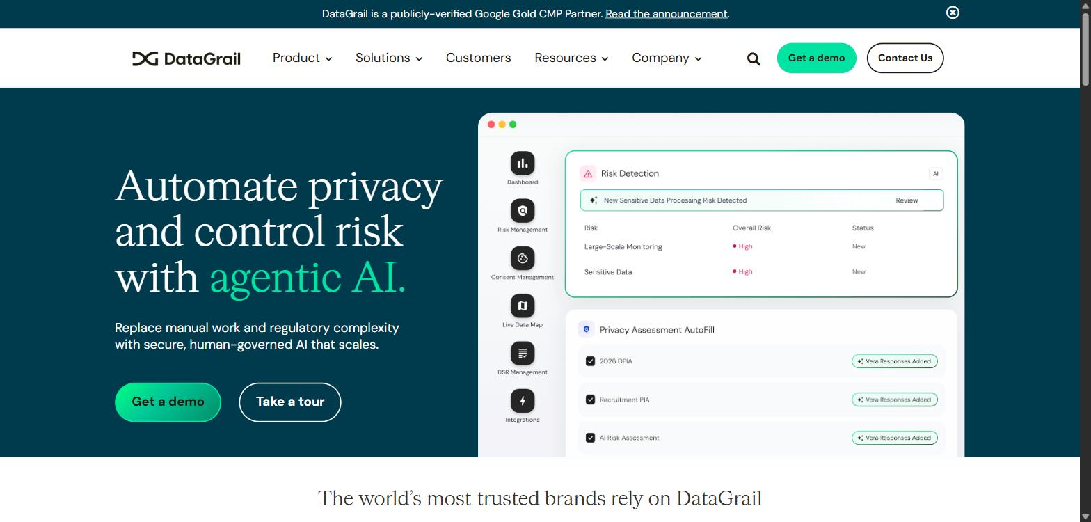 Screenshot of DataGrail's homepage, showing its 'Automate privacy and control risk with agentic AI' headline.