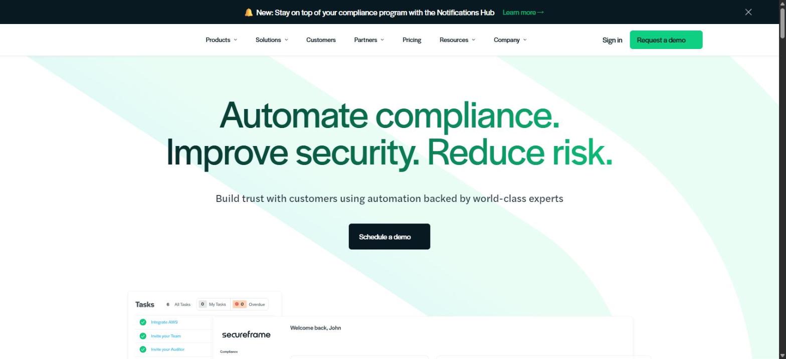 Screenshot of Secureframe's homepage, showing its 'Automate compliance. Improve security. Reduce risk.' headline.