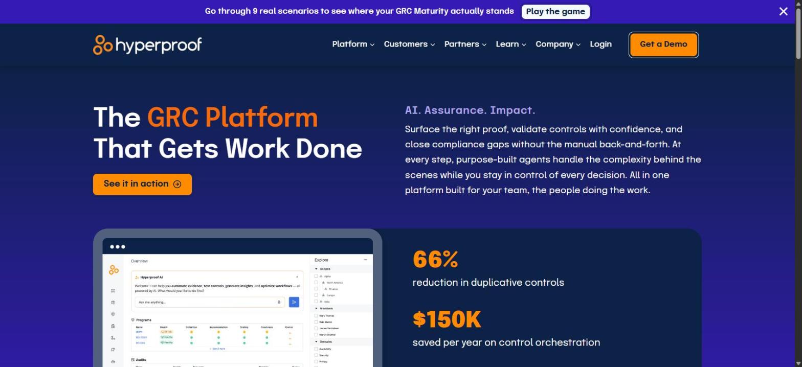 Screenshot of Hyperproof's homepage, showing its 'The GRC Platform That Gets Work Done' headline.