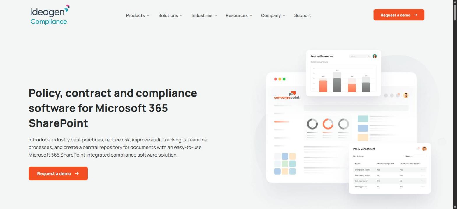 Screenshot of ConvergePoint's homepage, showing its 'Policy, contract and compliance software for Microsoft 365 SharePoint' headline.