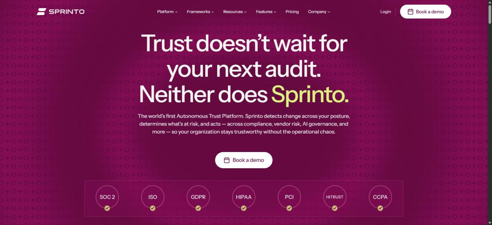 Screenshot of Sprinto's homepage, showing its 'Trust doesn't wait for your next audit. Neither does Sprinto.' headline.