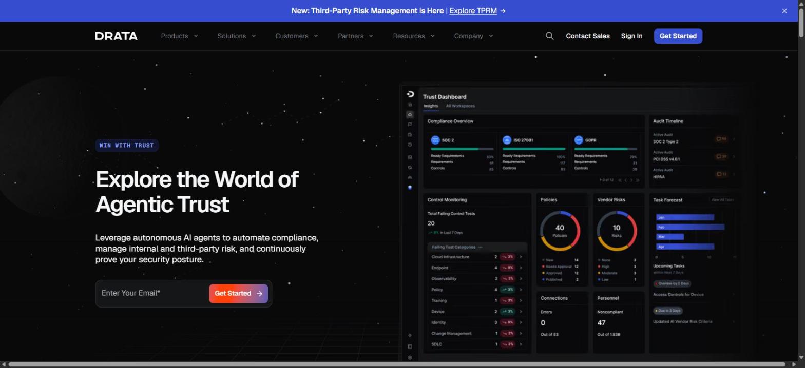 Screenshot of Drata's homepage, showing its 'Explore the World of Agentic Trust' headline.