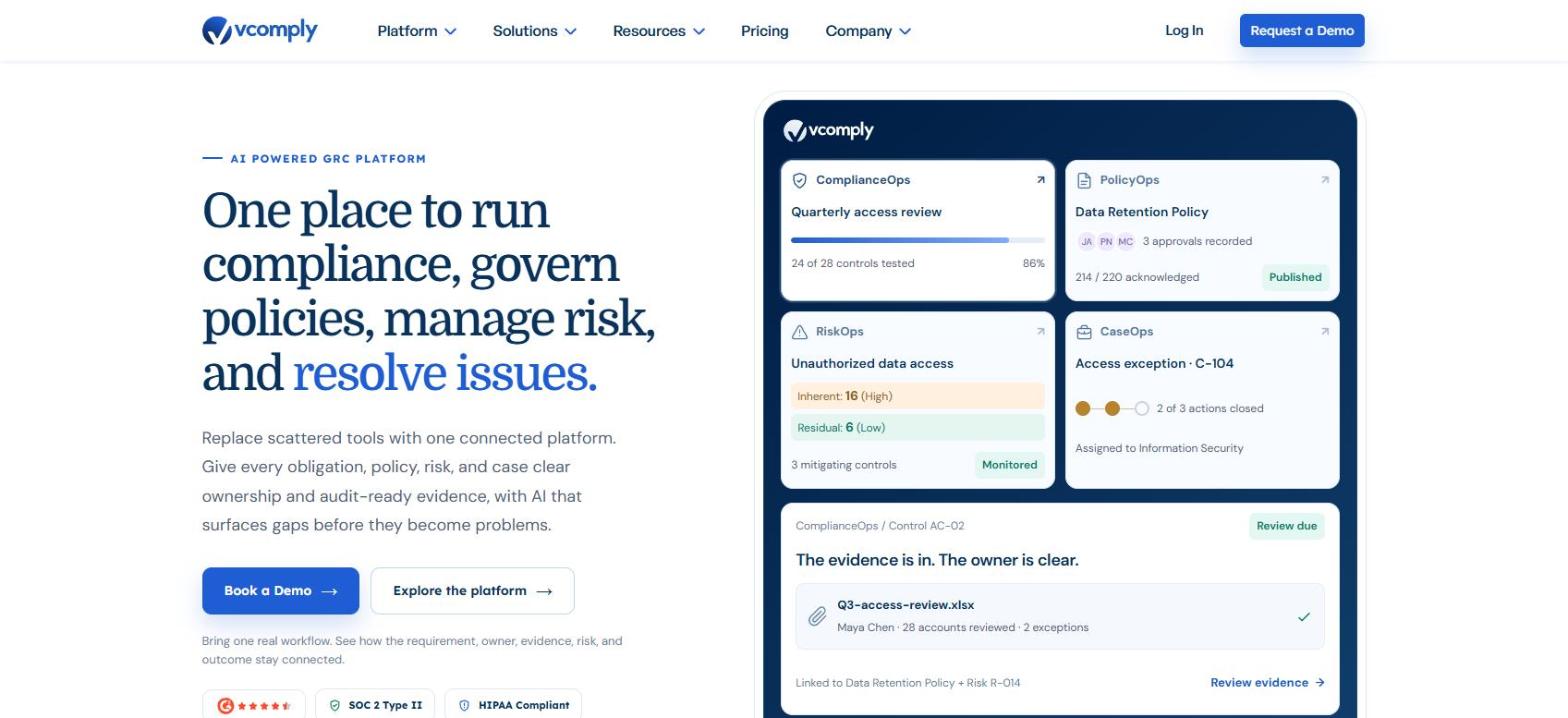 Screenshot of VComply's homepage, showing its 'One place to run compliance, govern policies, manage risk, and resolve issues.' headline.