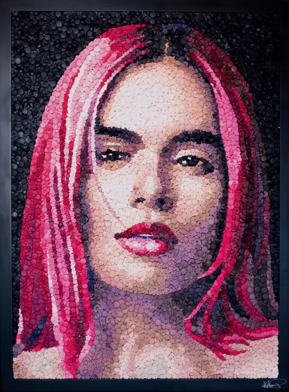 Karol G mosaic portrait by Kevin Champeny, 7,000 sculpted and hand cast flowers, rainbows and other musical iconography