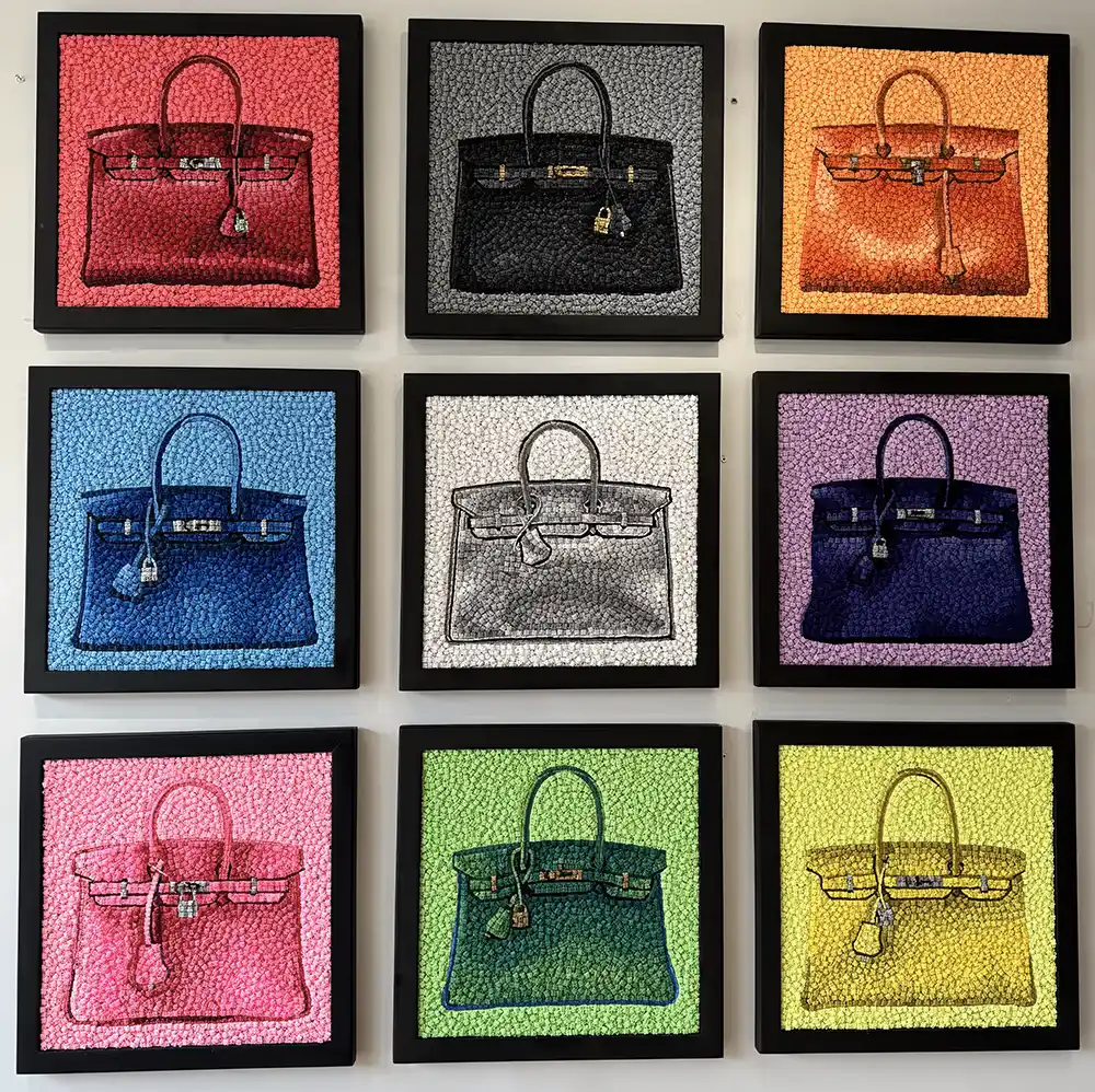 Carried Away Hermès Birkin bag mosaic by Kevin Champeny, 3,500 sculpted & hand cast Birkin bags