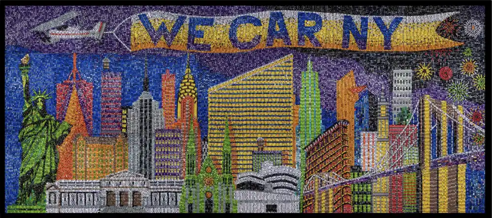 We Car NY New York City skyline mosaic of Hot Wheels by Kevin Champeny, NYC skyline composed of 40,000 hand placed hot wheels