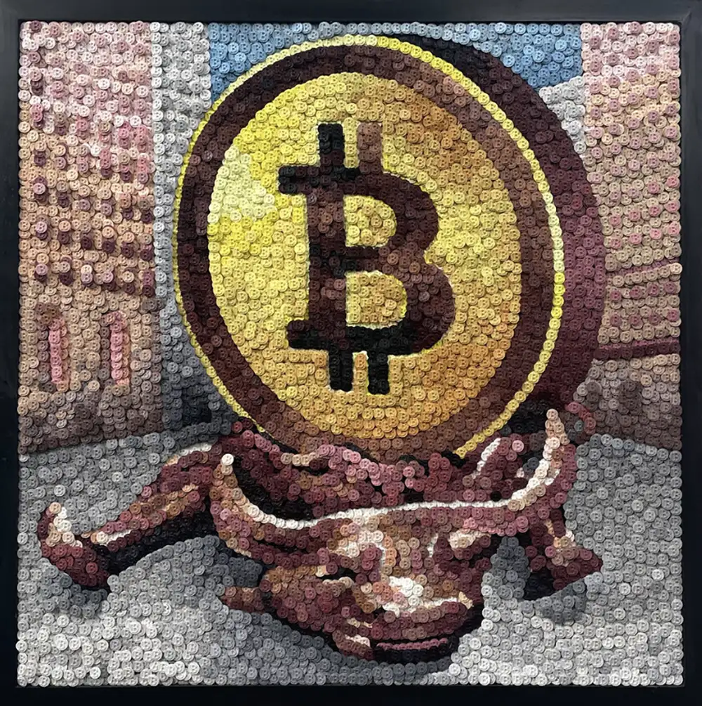 Bit Bullish Bitcoin bull mosaic by Kevin Champeny, 24,000 sculpted & hand cast Bitcoins