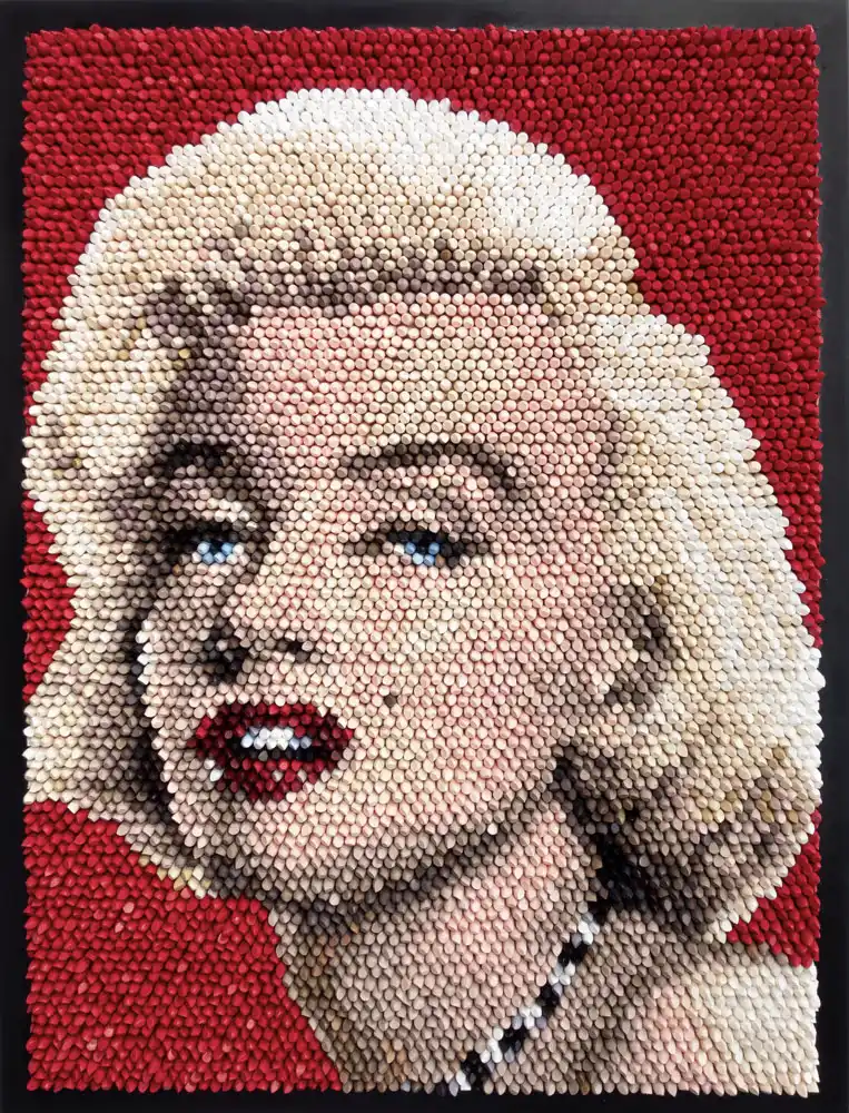 Marilyn Monroe mosaic portrait by Kevin Champeny, 10,000 sculpted & hand cast lipsticks