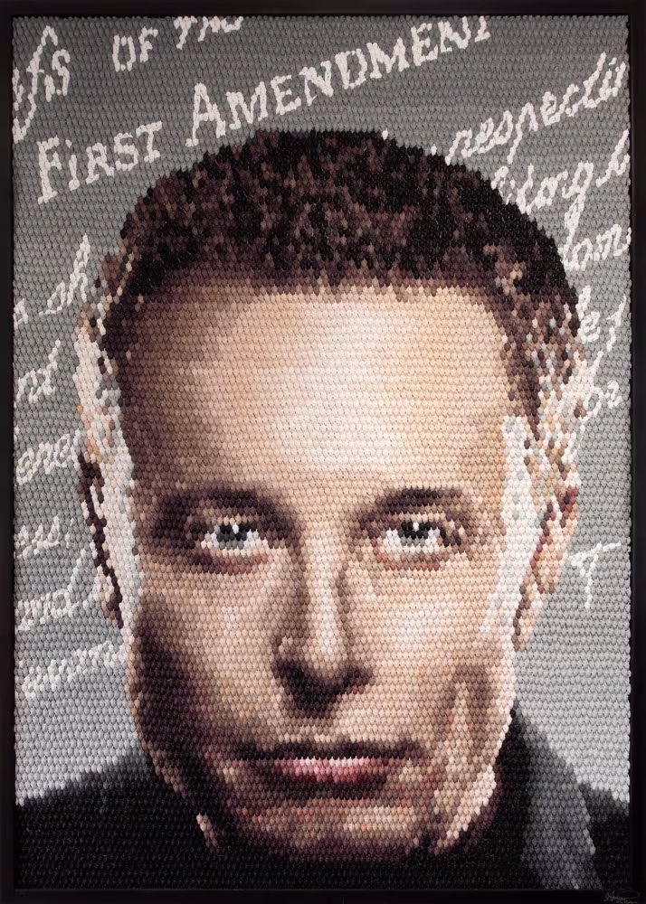 Elon Musk mosaic portrait by Kevin Champeny, 10,000 sculpted & hand cast middle fingers