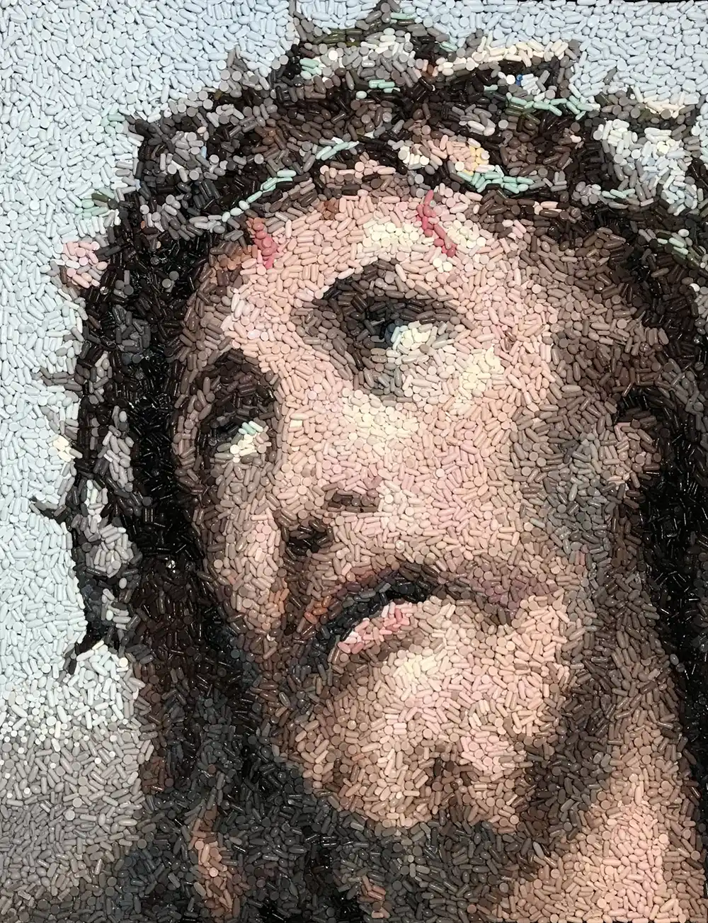 Jesus Christ mosaic portrait by Kevin Champeny, 30,000 sculpted & hand cast pain killers & prescription drugs