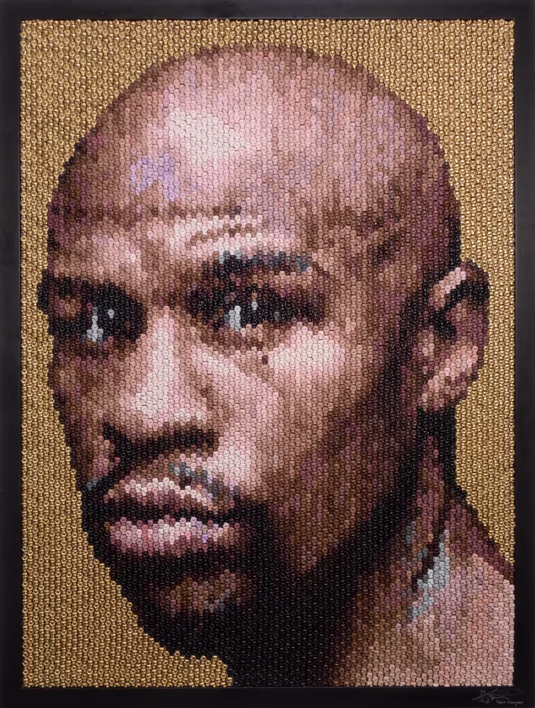 Floyd Mayweather mosaic portrait by Kevin Champeny, 10,000 sculpted & hand cast boxing gloves