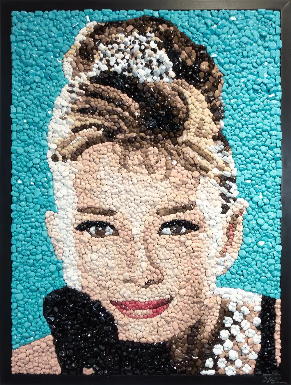 Audrey Hepburn mosaic portrait by Kevin Champeny, 10,000 hand cast and sculpted gemstones