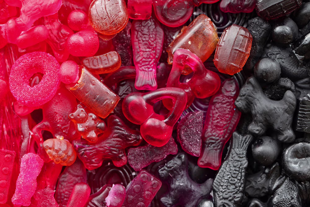 Detail of the An Apple a Day candy mosaic by Kevin Champeny showing individual hand-cast candy pieces