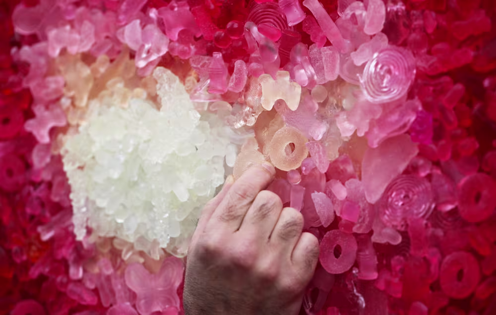 Detail of the An Apple a Day candy mosaic by Kevin Champeny showing individual hand-cast candy pieces