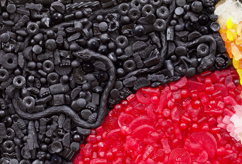 Detail of the An Apple a Day candy mosaic by Kevin Champeny showing individual hand-cast candy pieces