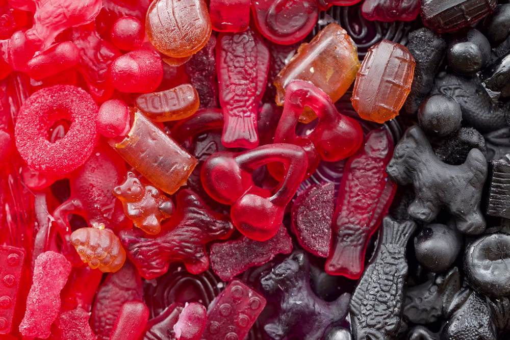 Detail of the An Apple a Day candy mosaic by Kevin Champeny showing individual hand-cast candy pieces