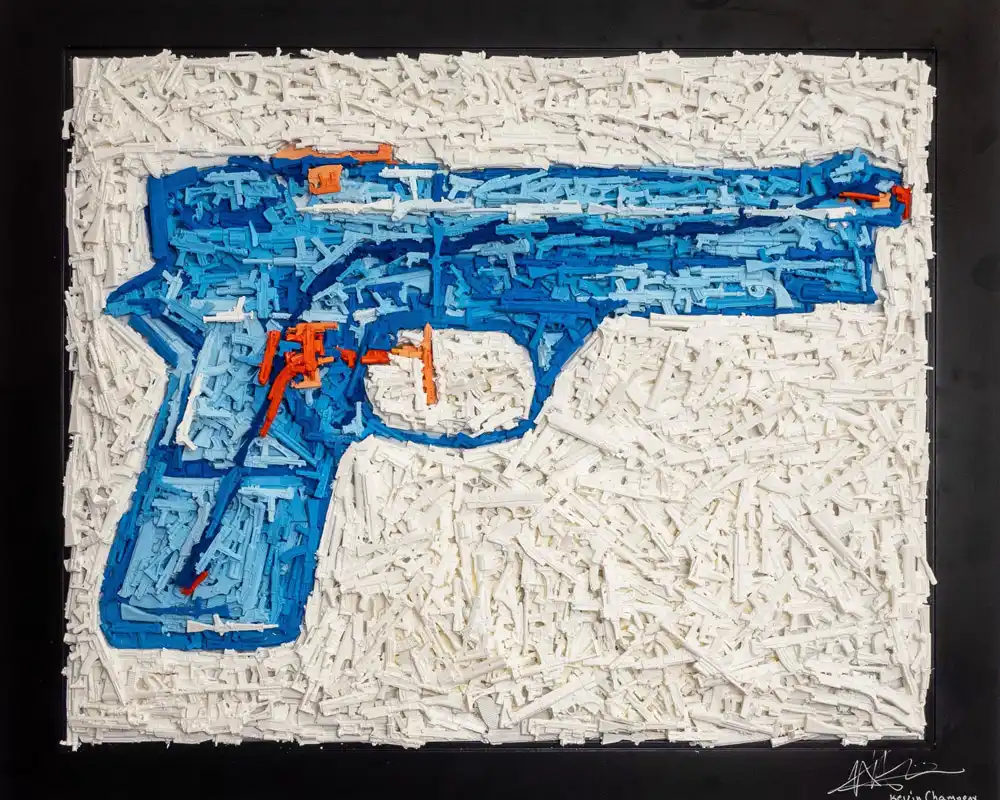 Child's Play mosaic by Kevin Champeny, 1,850 hand-cast toy guns