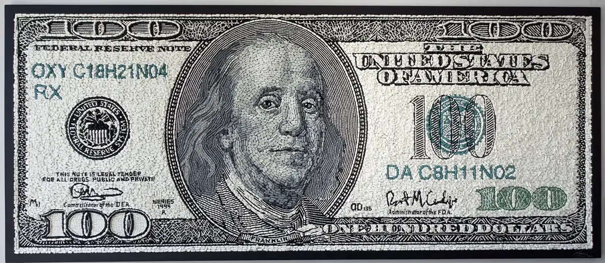 Drug Money mosaic by Kevin Champeny, 50,000 hand-cast prescription medications