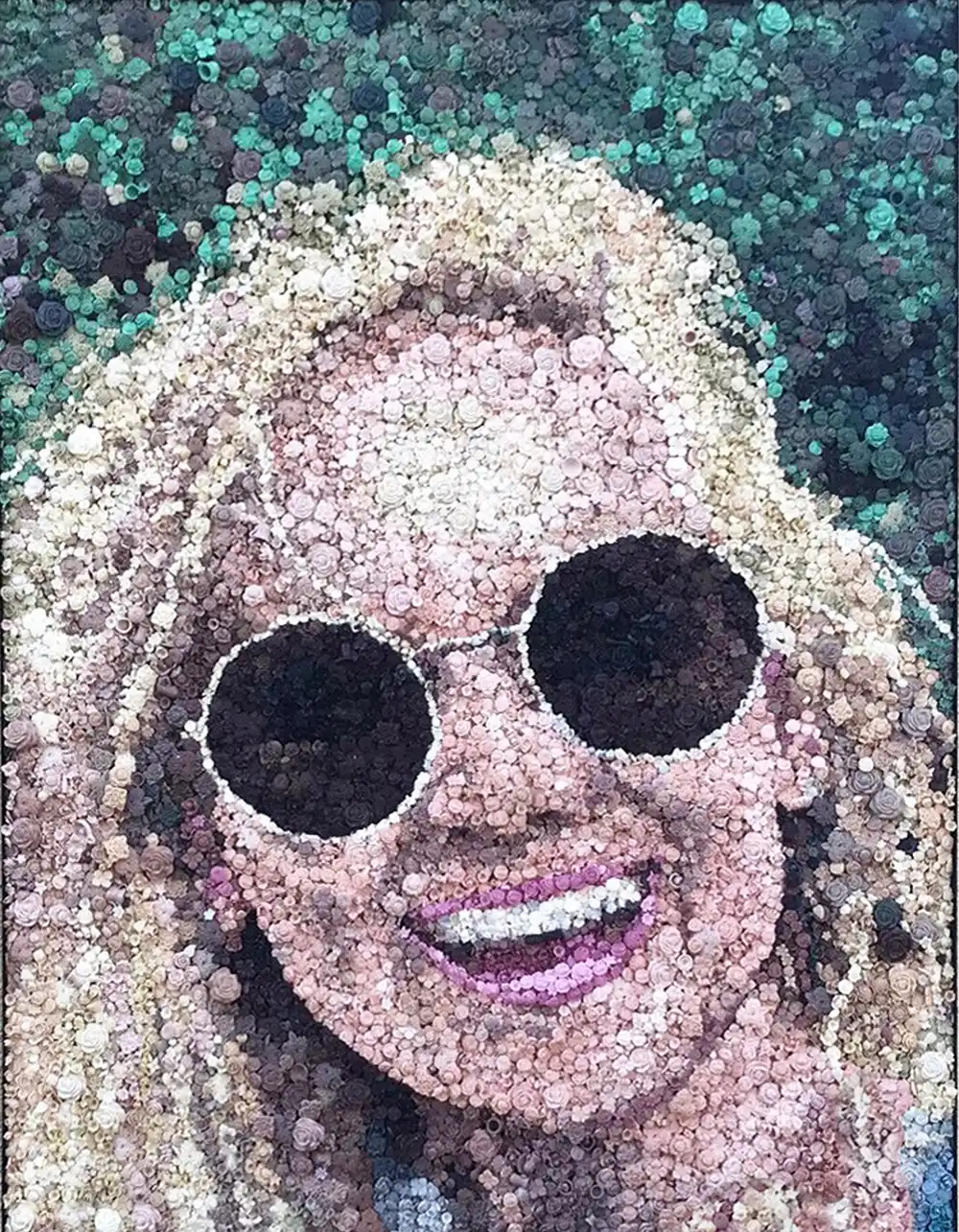 Golden Girl mosaic by Kevin Champeny, 15,500 hand-cast flowers and artefacts