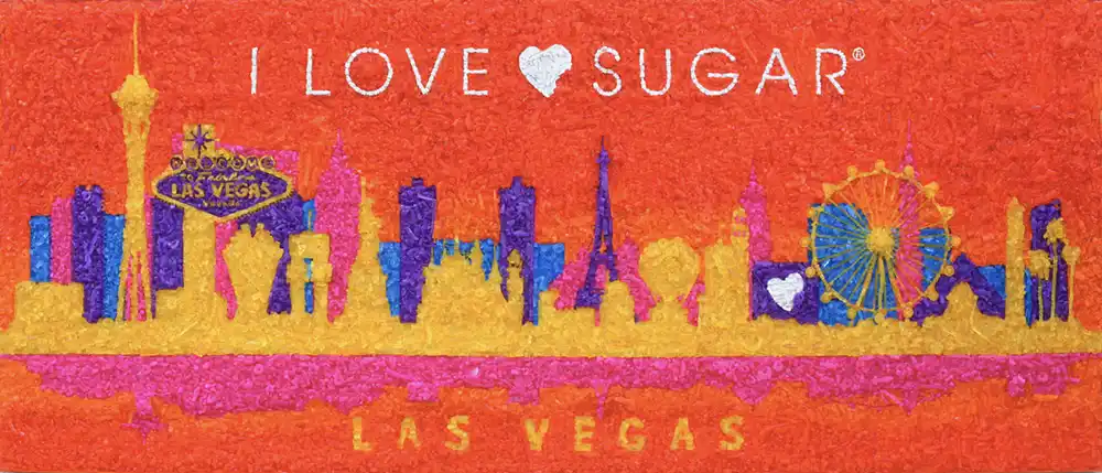 I Love Sugar Las Vegas Skyline mosaic by Kevin Champeny, 75,000 hand-cast candy pieces