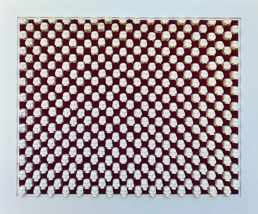 Skull and Flower in Red & White mosaic by Kevin Champeny, 690 hand-cast flowers and skulls