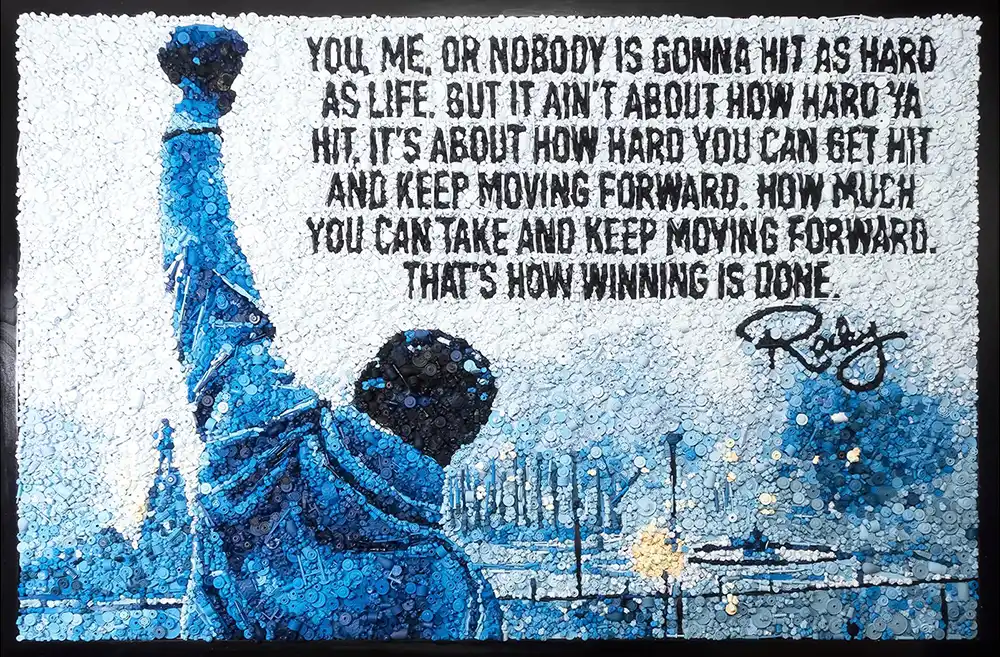 Rocky mosaic by Kevin Champeny, 35,000 hand-cast weights and boxing equipment