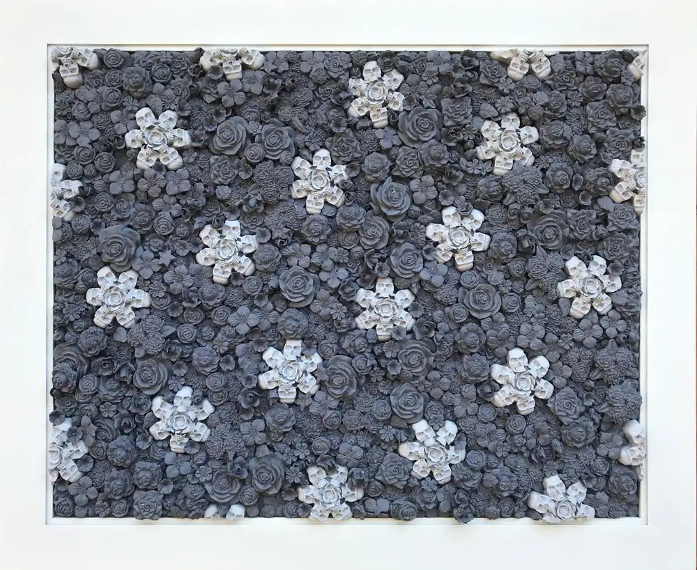 Skull Floral in Grey mosaic by Kevin Champeny, 2,000 hand-cast flowers