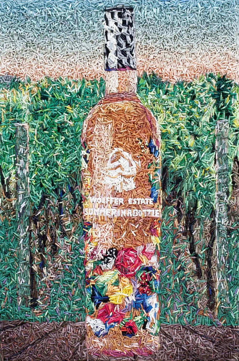 Summer in a Bottle mosaic by Kevin Champeny, 27,000 hand-cast wine bottles