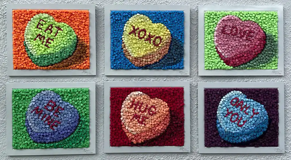 Sweet Talk mosaic by Kevin Champeny, 2,500 hand-cast candy hearts