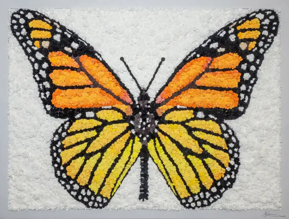 Tethered Butterfly Orange mosaic by Kevin Champeny, 15,000 hand-cast flowers