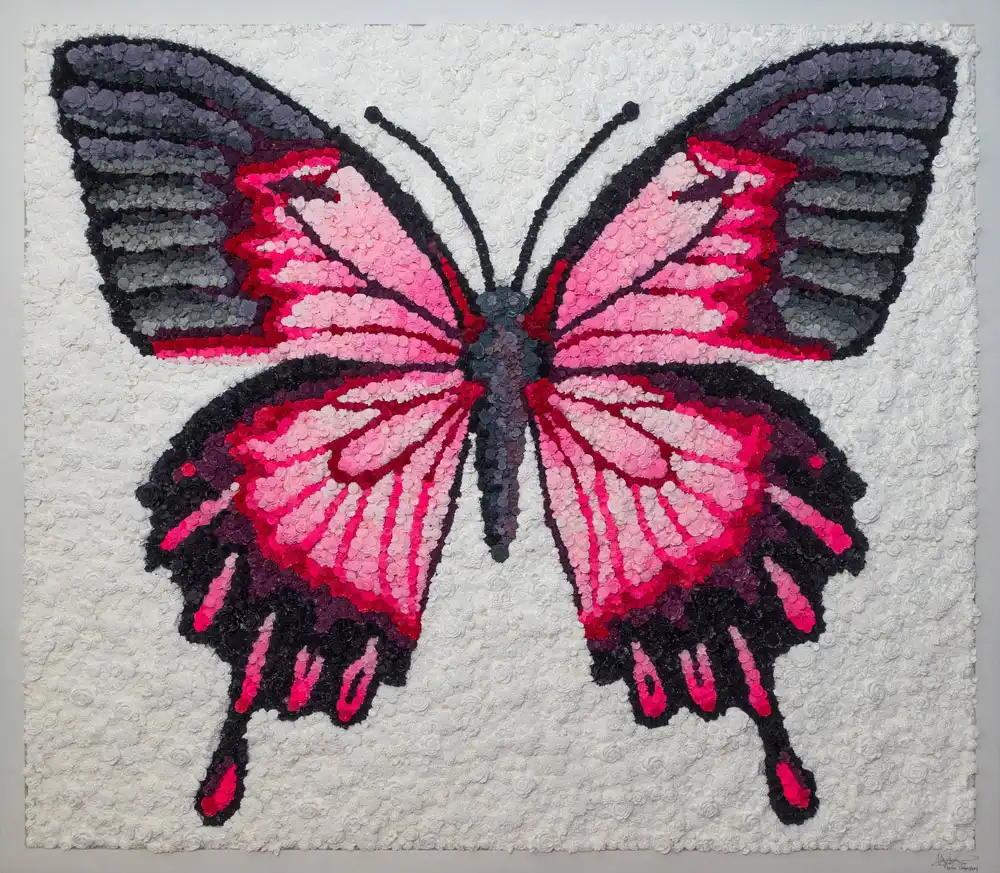 Tethered Butterfly Pink mosaic by Kevin Champeny, 15,000 hand-cast flowers