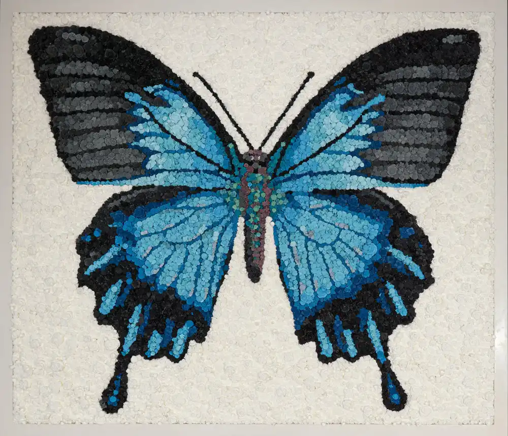 Tethered Butterfly Blue mosaic by Kevin Champeny, 15,000 hand-cast flowers
