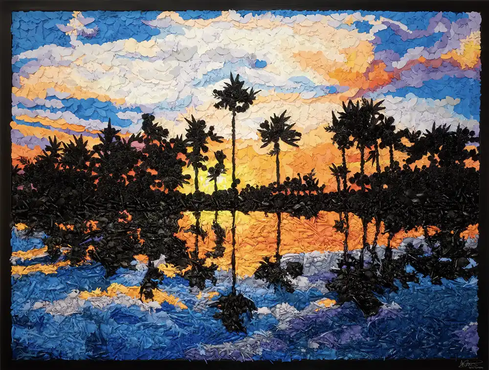 Tropical Sunset mosaic by Kevin Champeny, 15,000 hand-cast sea life pieces