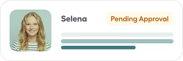 Profile card of a woman named Selena with a Pending Approval status.
