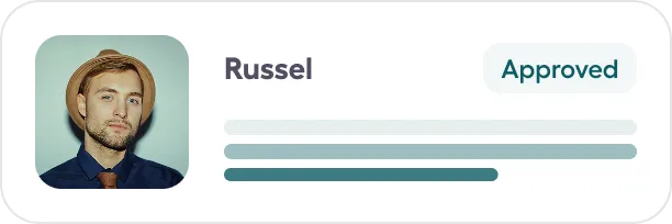 Profile card of a man named Russel with an Approved status badge.