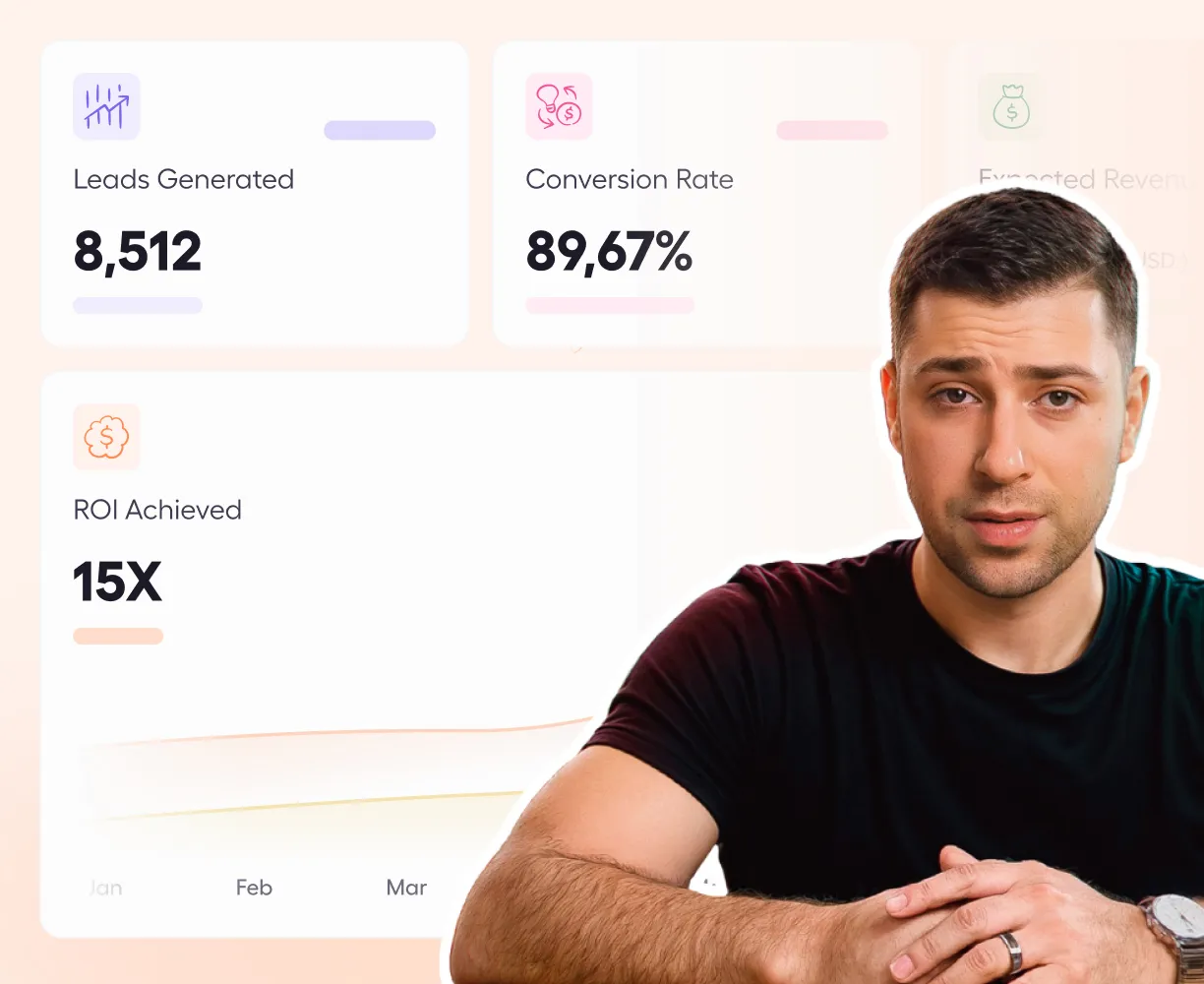 Smiling man in black shirt with business metrics dashboard showing Leads Generated 8,512, Conversion Rate 89.67%, and ROI Achieved 15X.