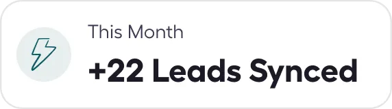 Icon of a lightning bolt with text showing +22 leads synced this month.