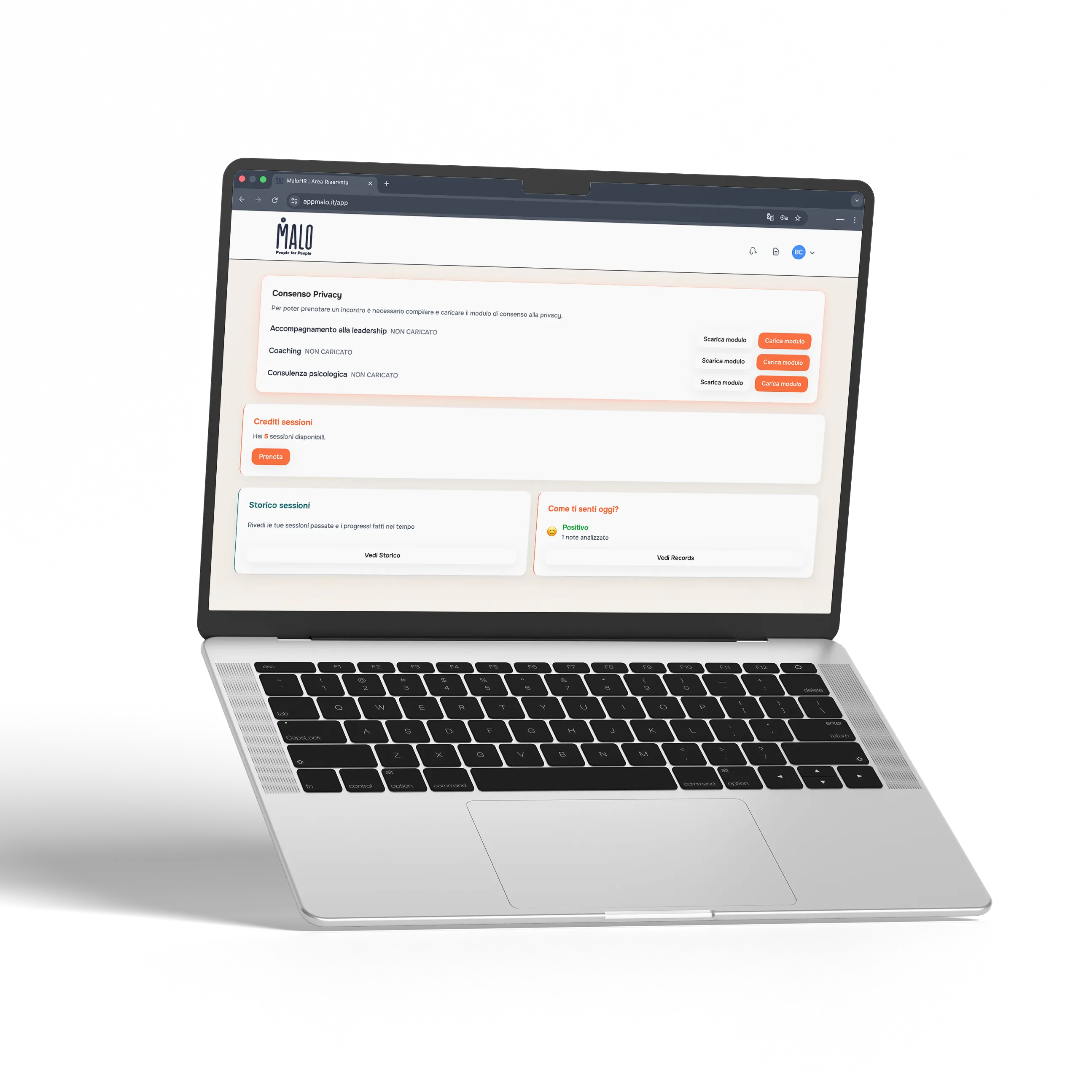 Mockup mostra l'area riservata di MaloHR che viene utilizzata per il servizio Retention Project