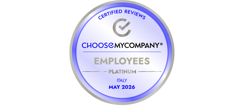 Certificato platino ChooseMyCompany per recensioni certificate dei dipendenti in Italia, valido fino a maggio 2026.