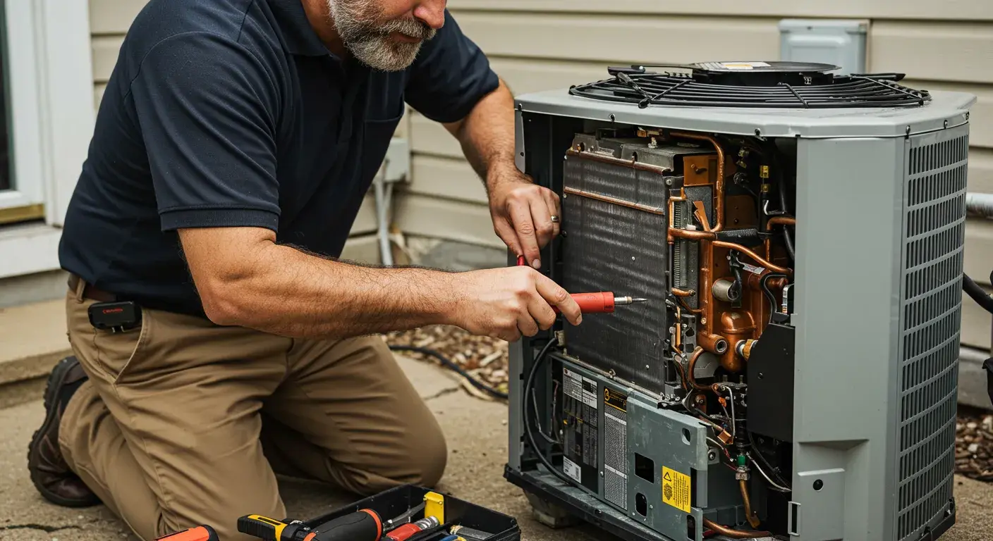Technician servicing an outdoor AC unit