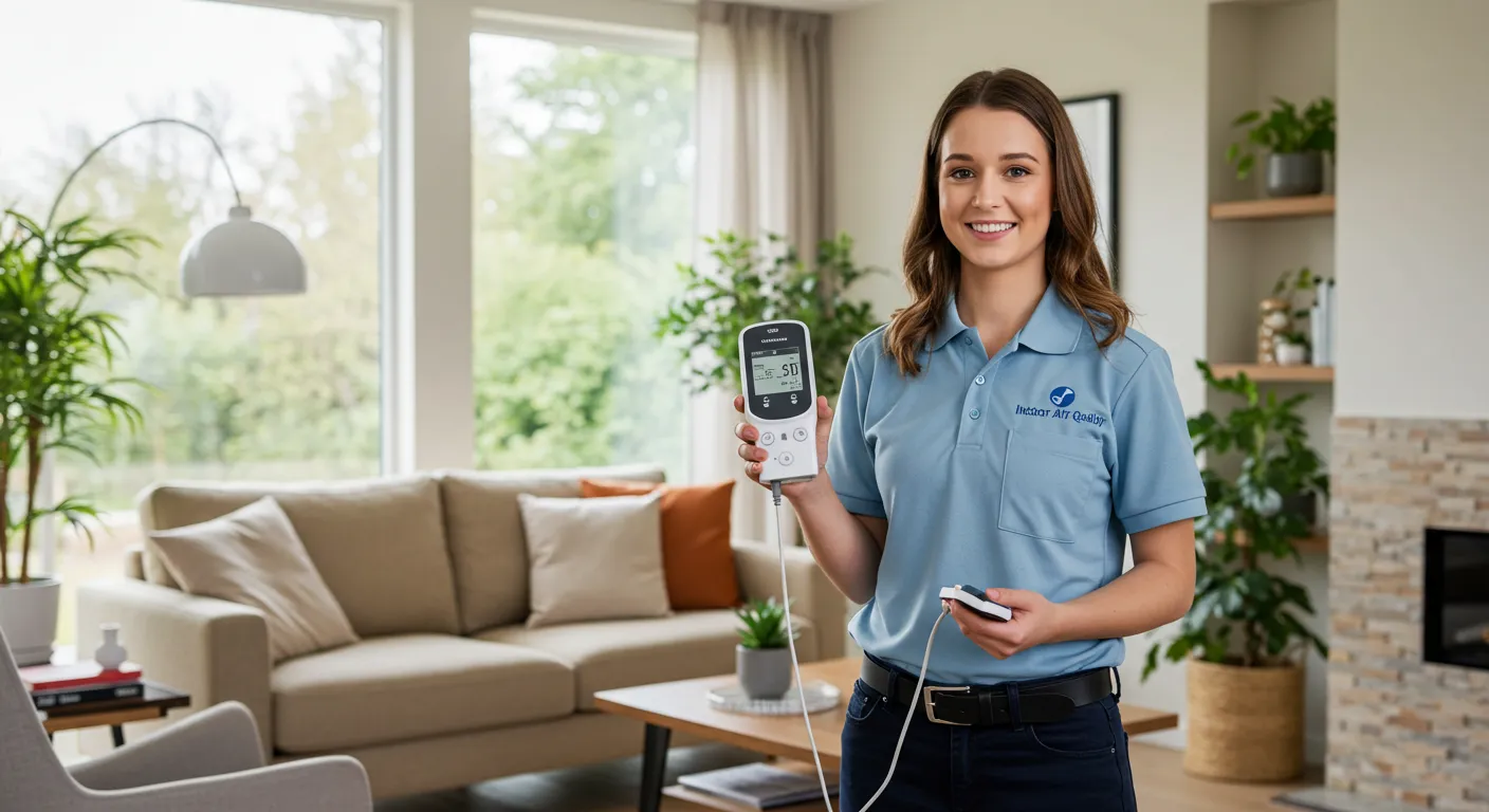 Woman holding air quality monitor in living room