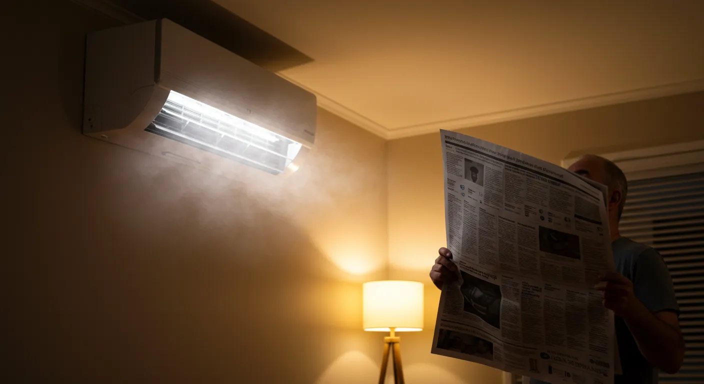 AC unit blowing air, person reading newspaper