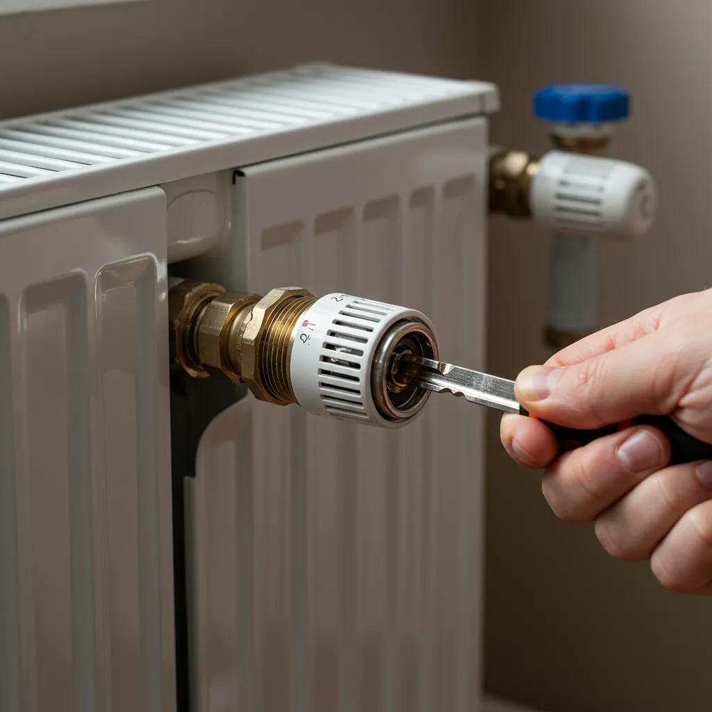 Close-up of a radiator being bled for air, demonstrating proper maintenance techniques