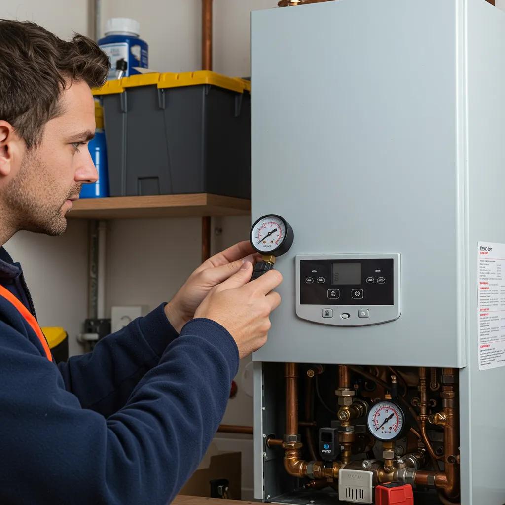 Person troubleshooting a boiler, checking pressure gauge and thermostat settings in a utility room