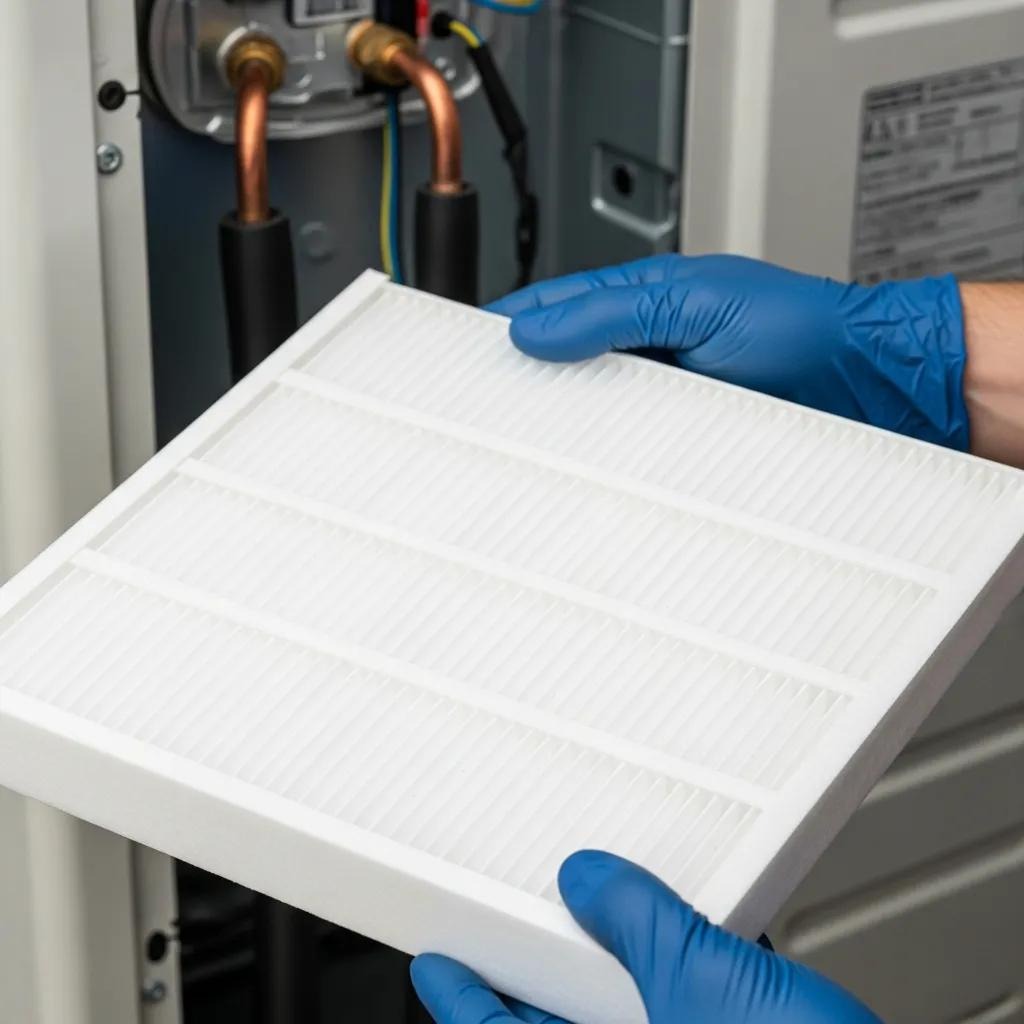 Technician holding a clean air filter for an air conditioning unit