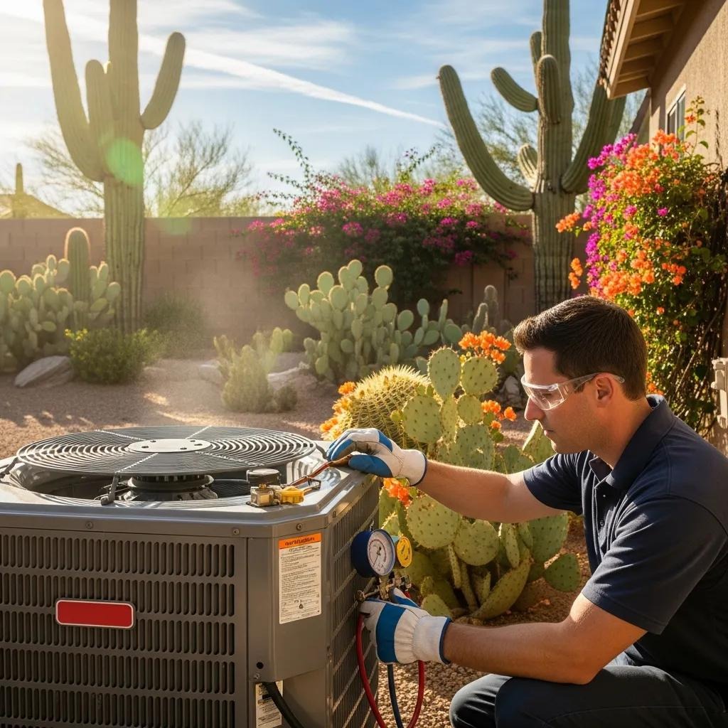 Technician performing seasonal maintenance on an air conditioning unit in an Arizona backyard